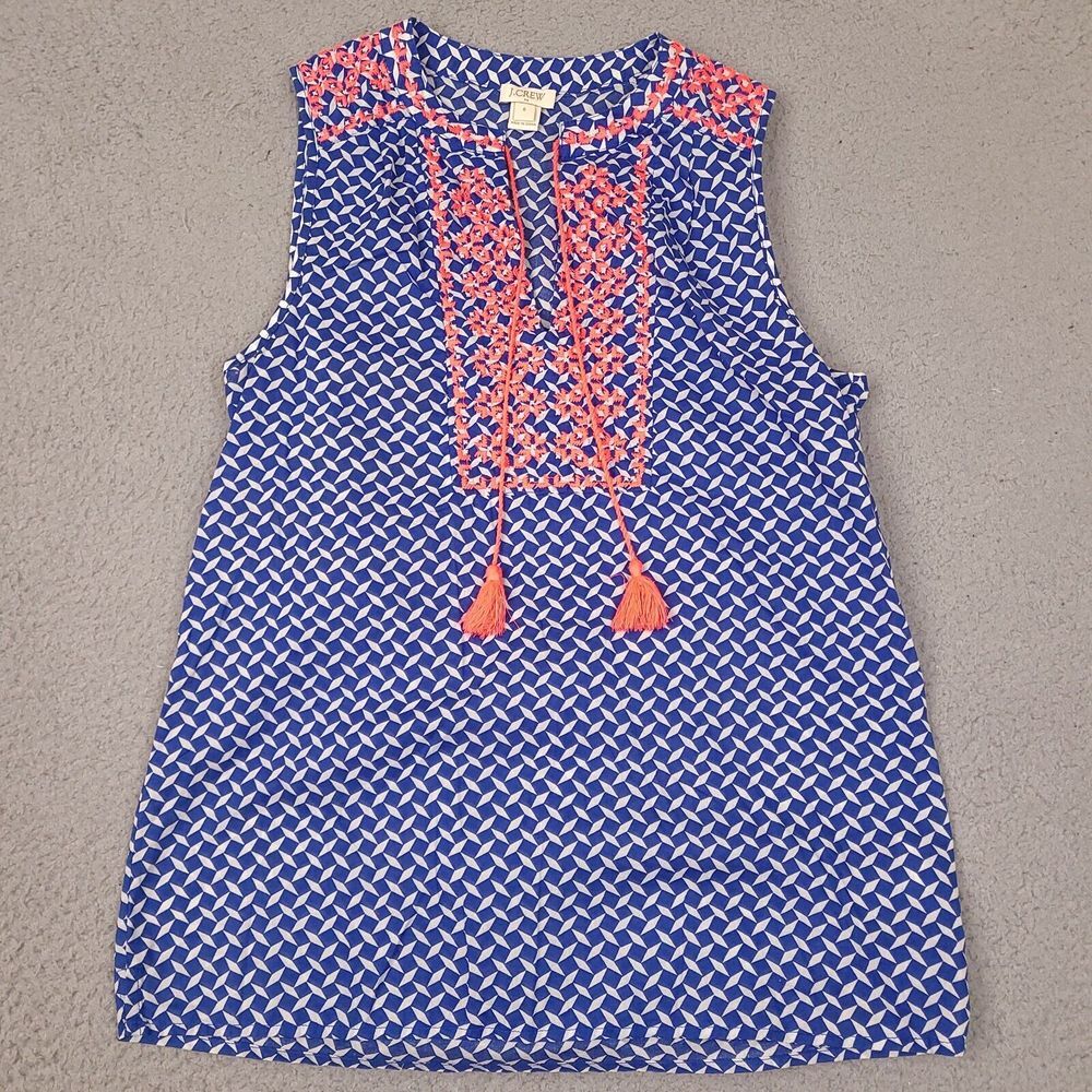 J Crew Sleeveless Top Size 0 Blue White Hot Pink Embroidered Tassel Tank Womens